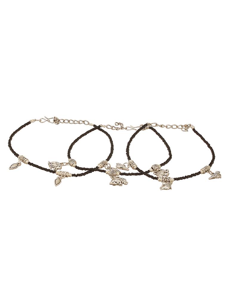 Combo Of 3 Black Beads Minimal Thread Bird Elephant Leaf Motif Anklet Payal : SJPL2812