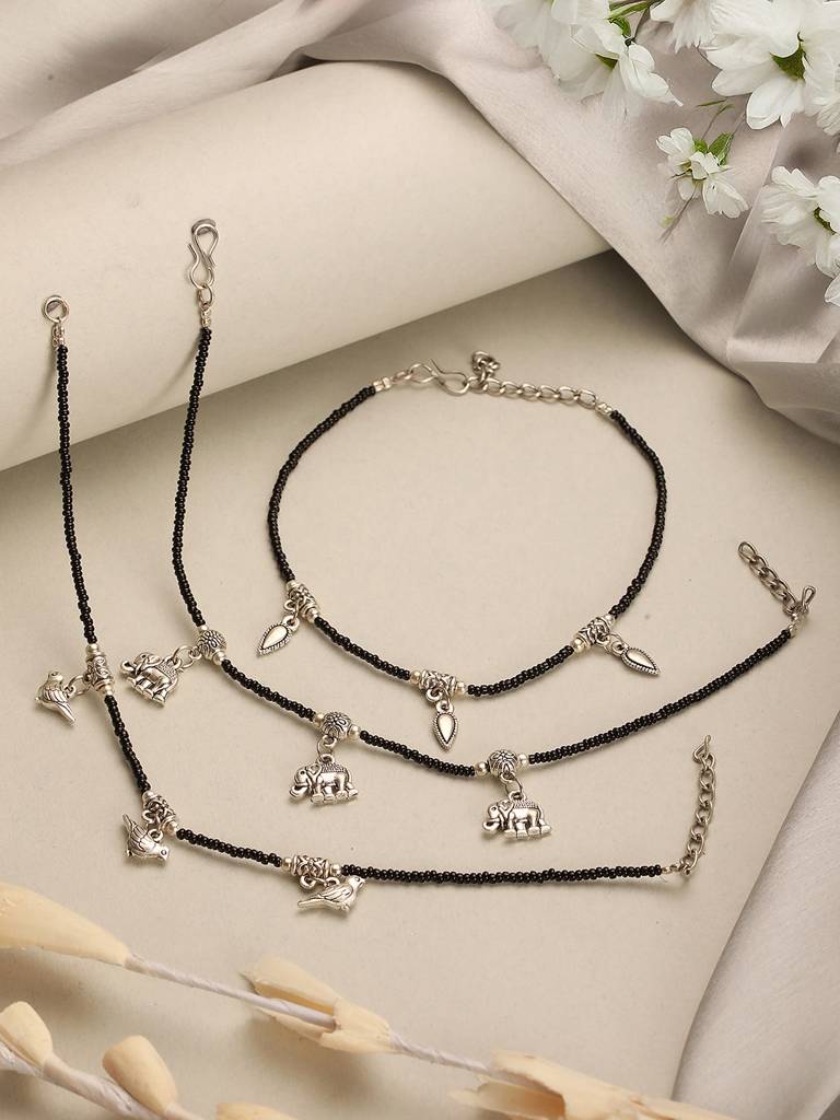 Combo Of 3 Black Beads Minimal Thread Bird Elephant Leaf Motif Anklet Payal : SJPL2812