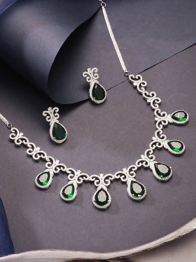 Silver Plated Emerald Green  Ad Studded Floral Statement Necklace Jewellery Set : SJNK2815