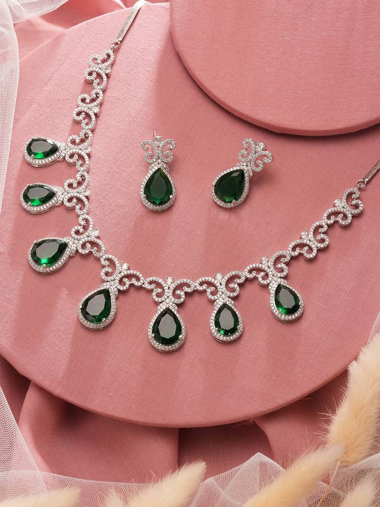 Silver Plated Emerald Green  Ad Studded Floral Statement Necklace Jewellery Set : SJNK2815