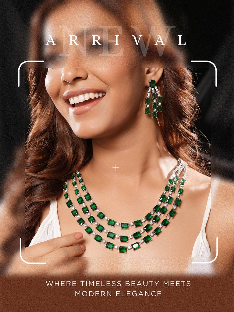 Silver Plated Emerald Green  Ad Studded Layered Statement Necklace Jewellery Set : SJNK2817