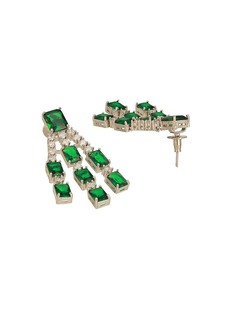 Silver Plated Emerald Green  Ad Studded Layered Statement Necklace Jewellery Set : SJNK2817