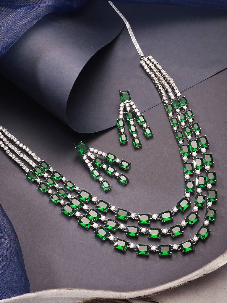 Silver Plated Emerald Green  Ad Studded Layered Statement Necklace Jewellery Set : SJNK2817
