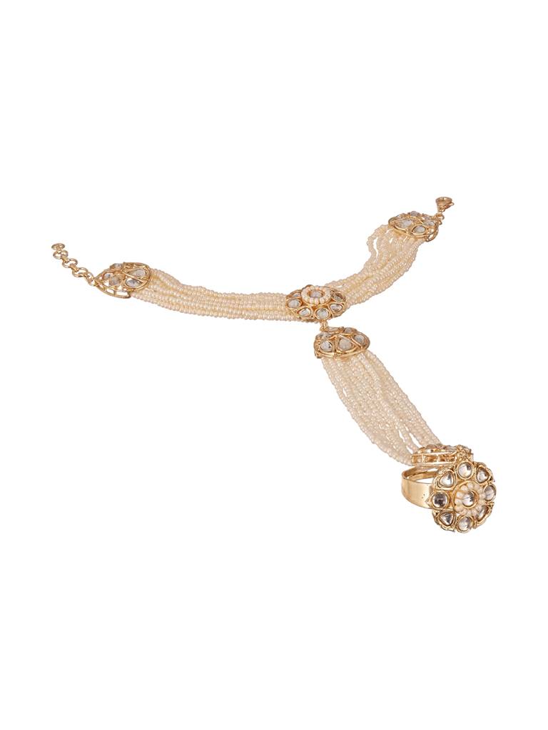Gold Plated Kundan Studded Designer Pearl Beaded Bridal Haath Pan Haathphool : SJHP2819