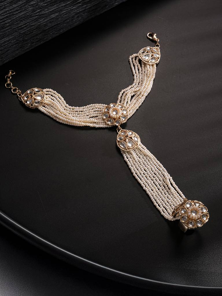 Gold Plated Kundan Studded Designer Pearl Beaded Bridal Haath Pan Haathphool : SJHP2819