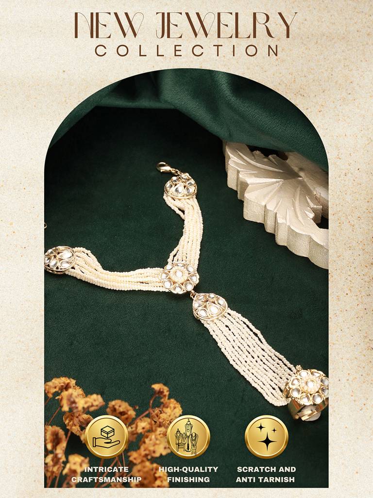 Gold Plated Kundan Studded Designer Pearl Beaded Bridal Haath Pan Haathphool : SJHP2819