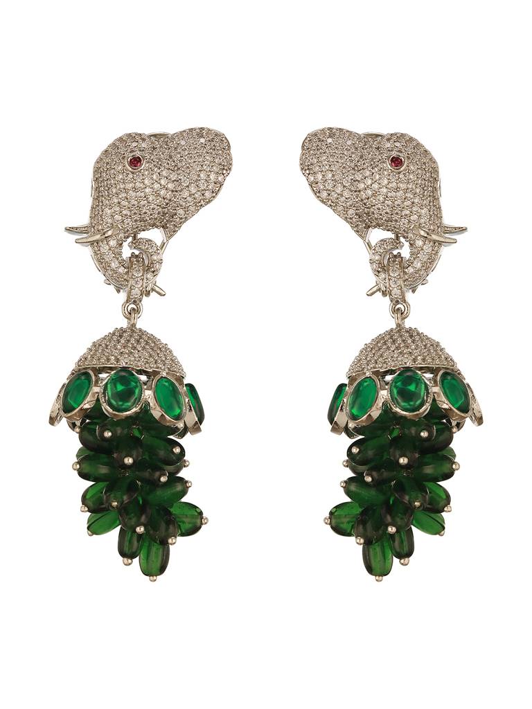 Silver Plated Green Emerald Green Ad Zircon Studded Designer Elephant Motif Dangler Earrings : SJER2820