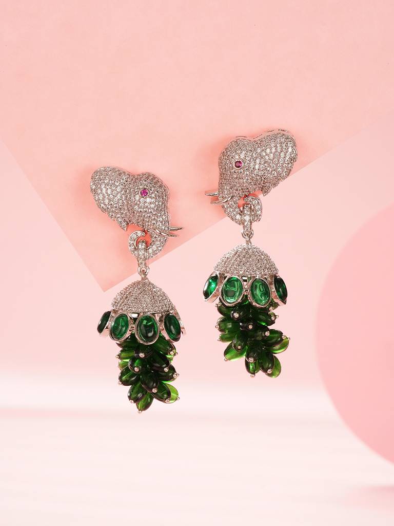 Silver Plated Green Emerald Green Ad Zircon Studded Designer Elephant Motif Dangler Earrings : SJER2820