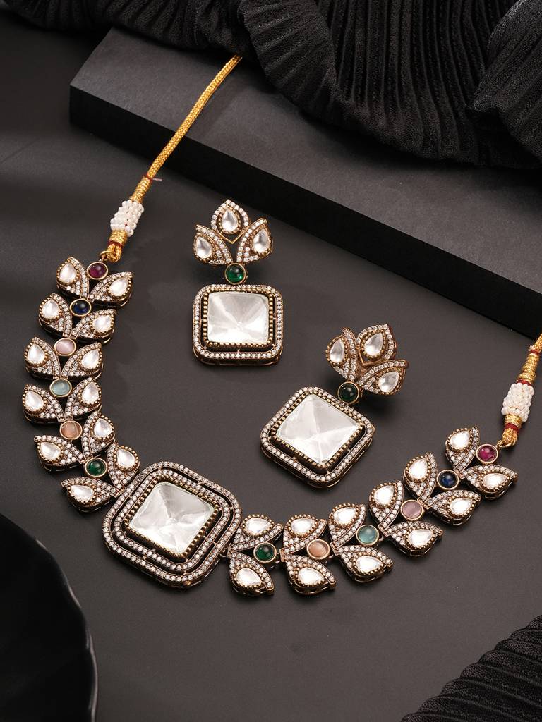 Oxidised Silver Toned Polki Kundan Studded Leafy Minimal Designer Choker  Jewellery Set Brass Multi