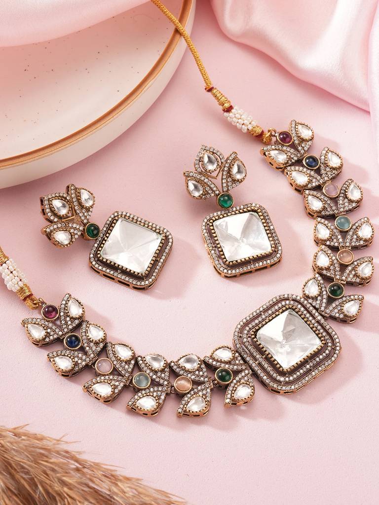 Oxidised Silver Toned Polki Kundan Studded Leafy Minimal Designer Choker  Jewellery Set Brass Multi