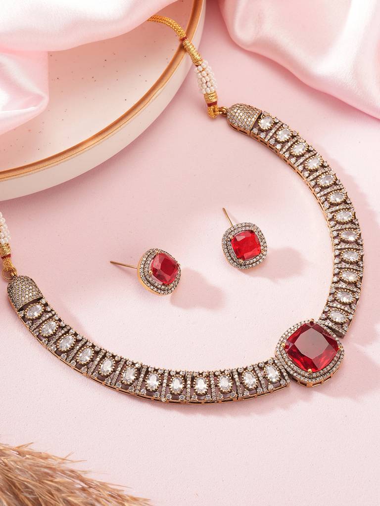 Oxidised Silver Toned Ruby Red Ad Zircon Studded Minimal  Kundan Choker Jewellery Set : SJNK2822