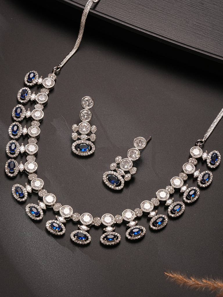 Silver Toned Sapphire Blue Ad Studded Statement Delicate Necklace Jewellery Set : SJNK2827
