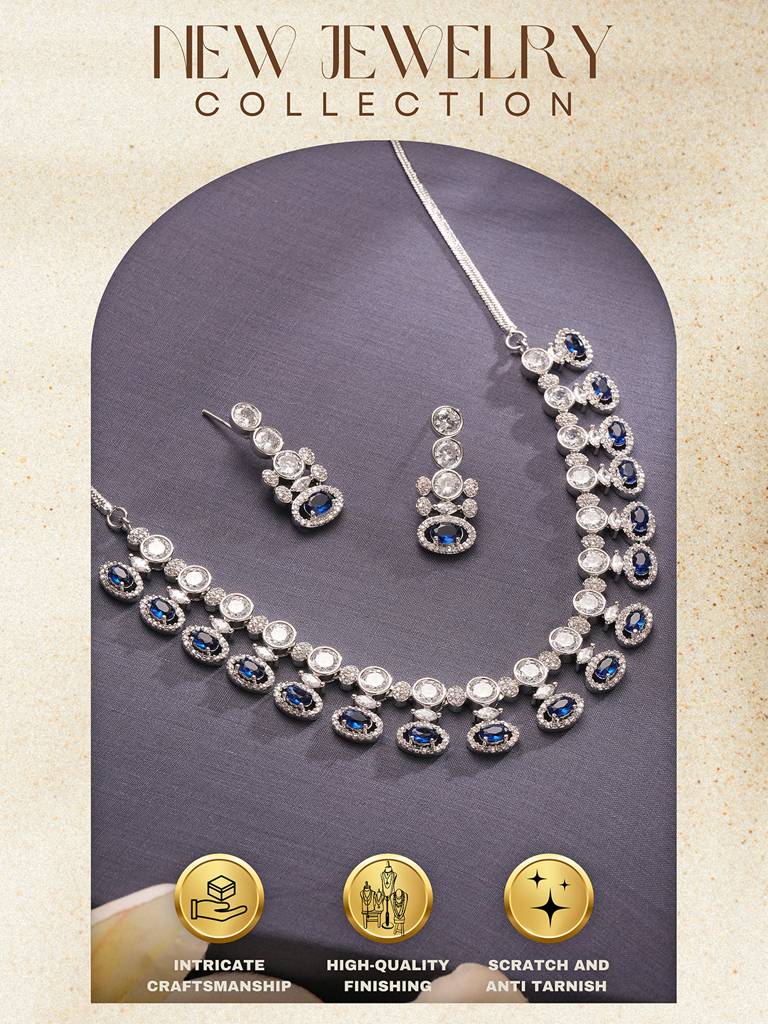 Silver Toned Sapphire Blue Ad Studded Statement Delicate Necklace Jewellery Set : SJNK2827