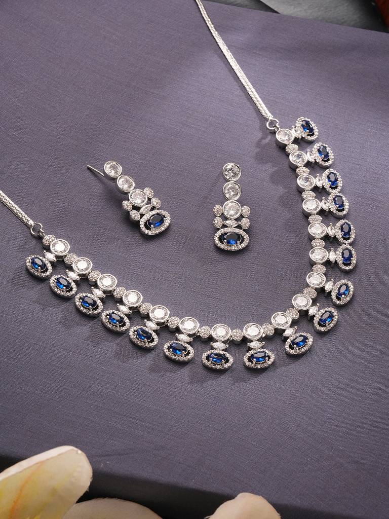 Silver Toned Sapphire Blue Ad Studded Statement Delicate Necklace Jewellery Set : SJNK2827
