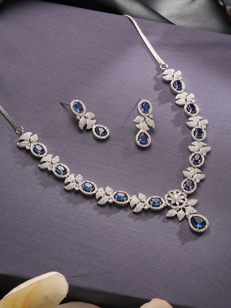 Silver Toned Sapphire Blue Ad Studded Floral Delicate Statement