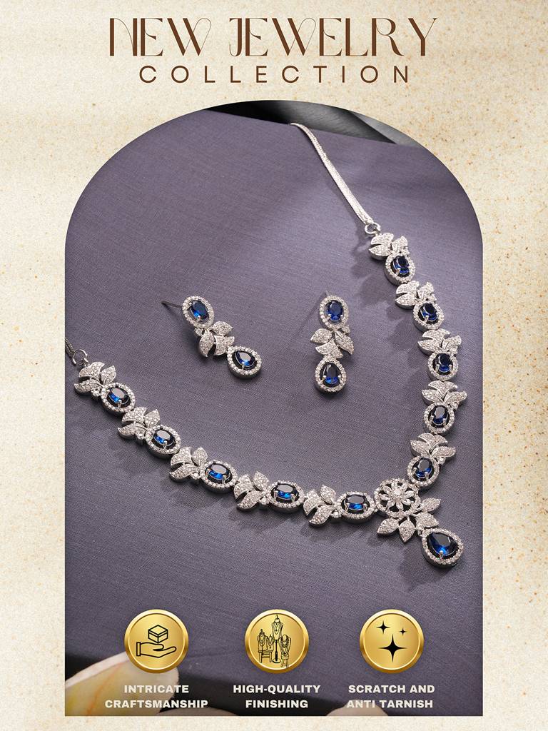 Silver Toned Sapphire Blue Ad Studded Floral Delicate Statement Jewellery Set : SJNK2829