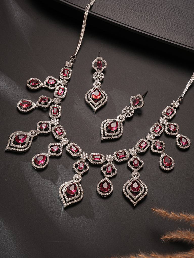 Silver Toned Ruby Red Ad Studded Statement Bridal Layered Necklace Jewellery Set : SJNK2830
