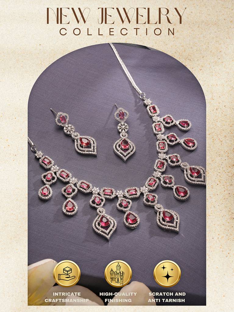 Silver Toned Ruby Red Ad Studded Statement Bridal Layered Necklace Jewellery Set : SJNK2830