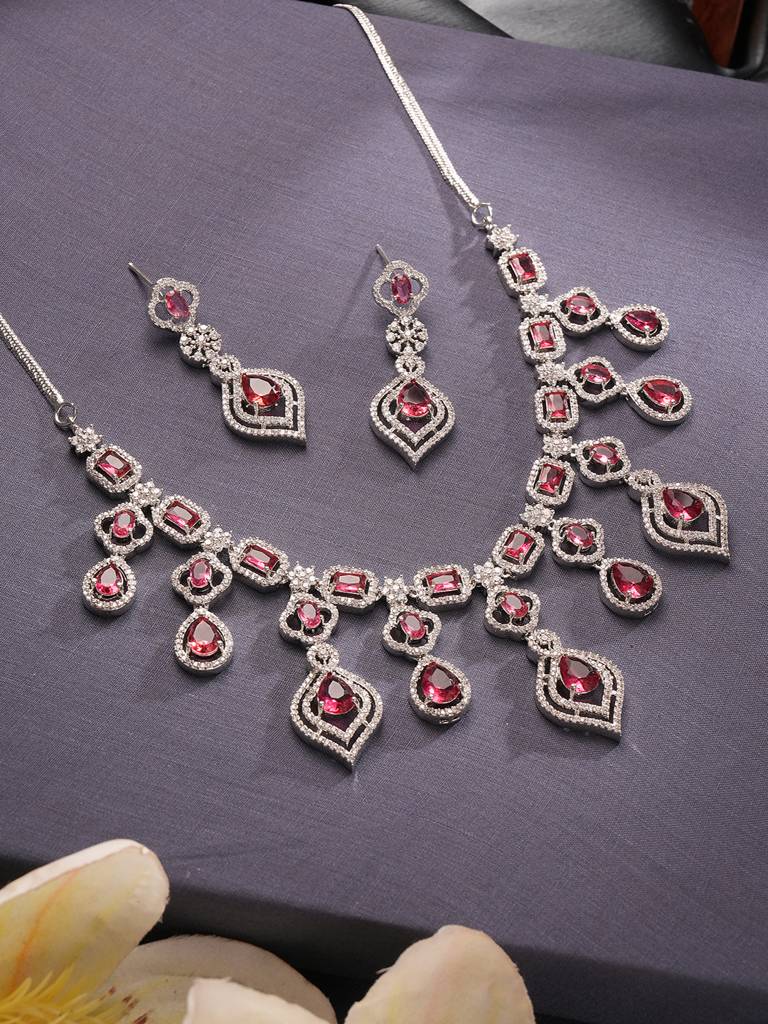 Silver Toned Ruby Red Ad Studded Statement Bridal Layered Necklace Jewellery Set : SJNK2830