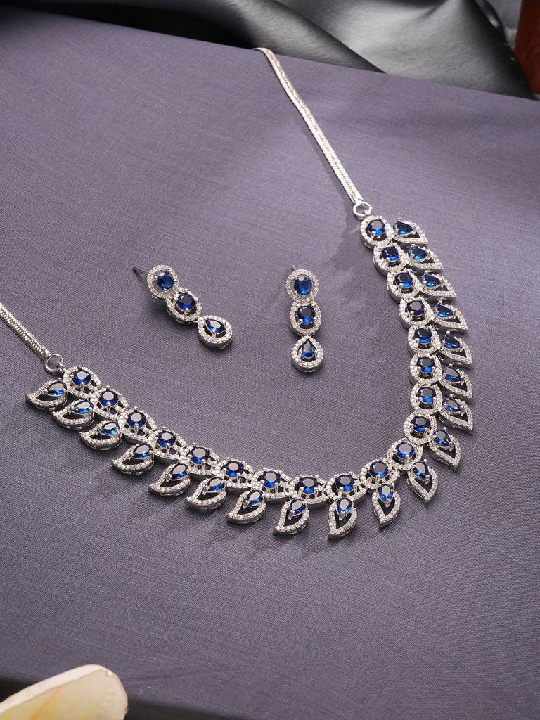 Silver Toned Zircon   Emerald Blue Ad Studded Mango Statement Necklace Jewellery Set : SJNK2831