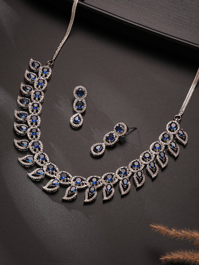 Silver Toned Zircon   Emerald Blue Ad Studded Mango Statement Necklace Jewellery Set : SJNK2831