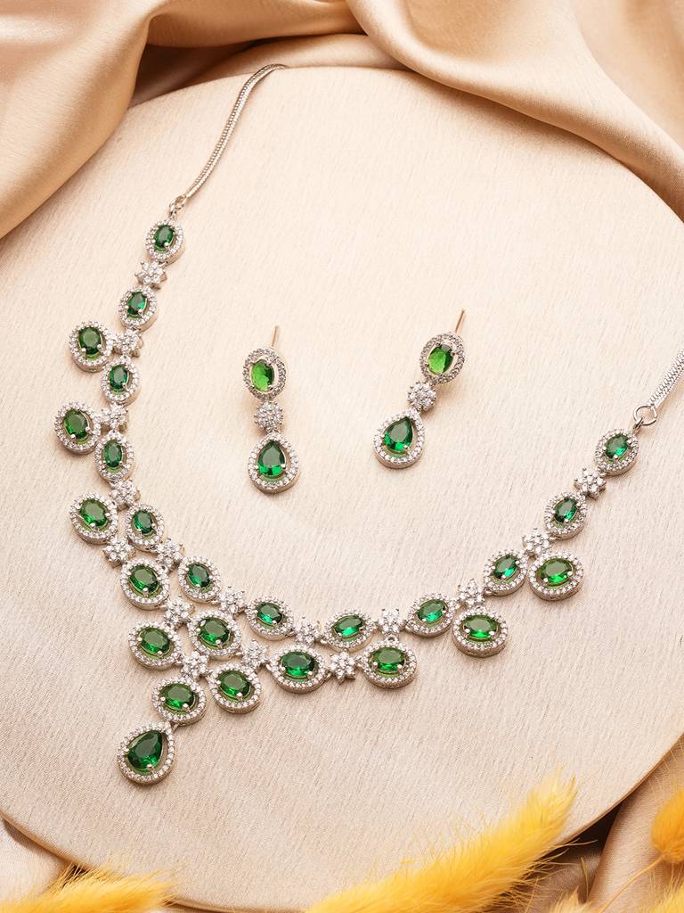 Silver Toned Emerald Green Zircon Ad Studded Layered Bridesmaid Statement  Jewellery Set Brass Green