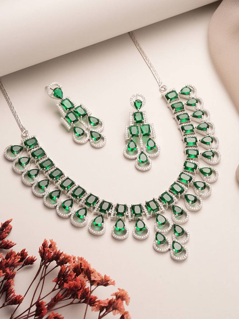 Silver Toned Emerald Green Zircon Ad Studded Layered Drop Designer Statement Necklace Jewellery Set : SJNK2834