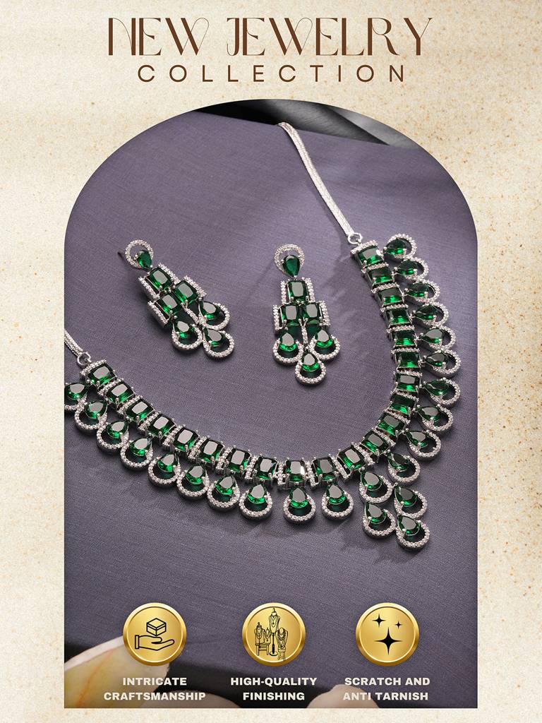 Silver Toned Emerald Green Zircon Ad Studded Layered Drop Designer Statement Necklace Jewellery Set : SJNK2834