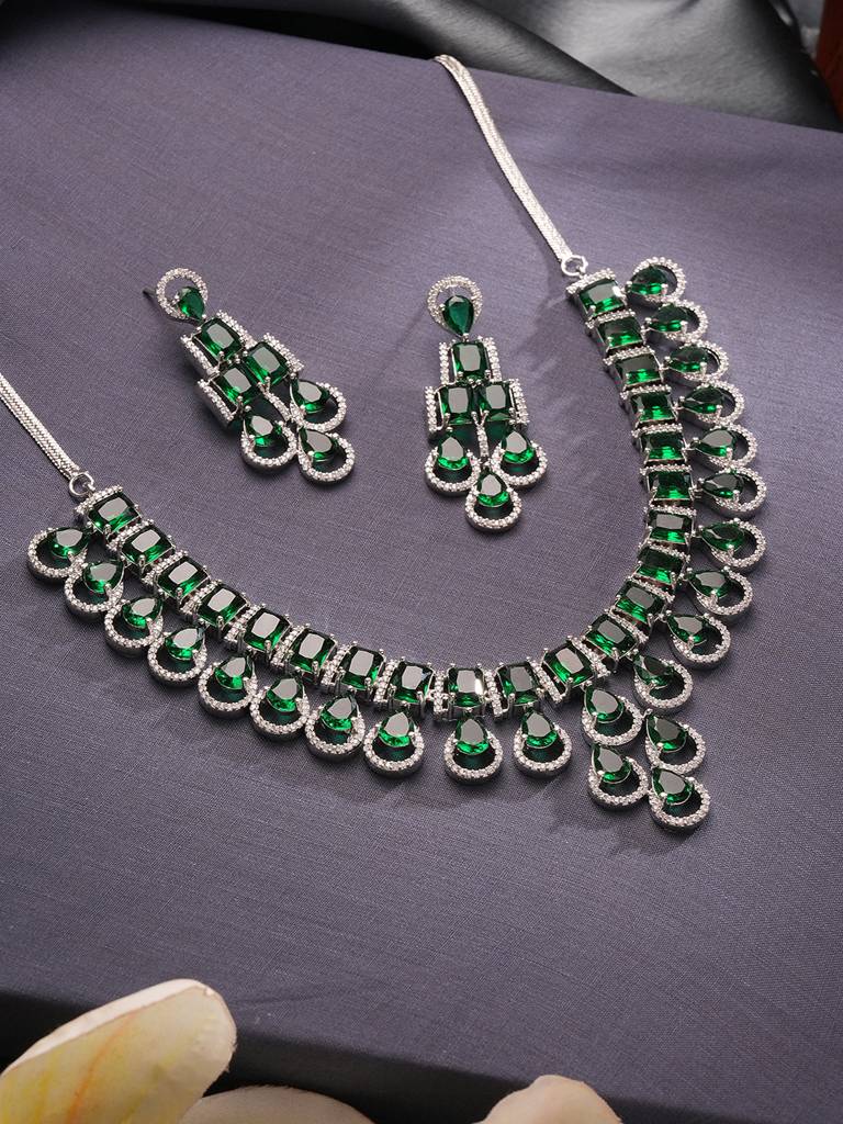 Silver Toned Emerald Green Zircon Ad Studded Layered Drop Designer Statement Necklace Jewellery Set : SJNK2834