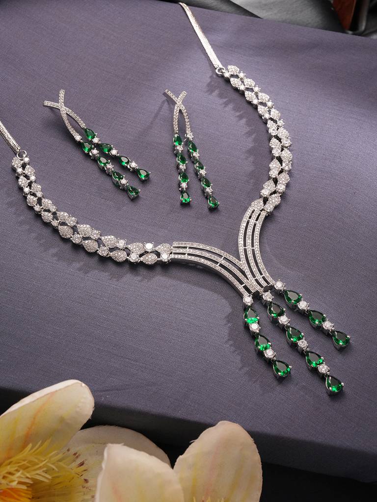 Silver Toned Emerald Green Zircon Ad Studded Layered  Bridal Drop Designer Statement Necklace Jewellery Set : SJNK2835