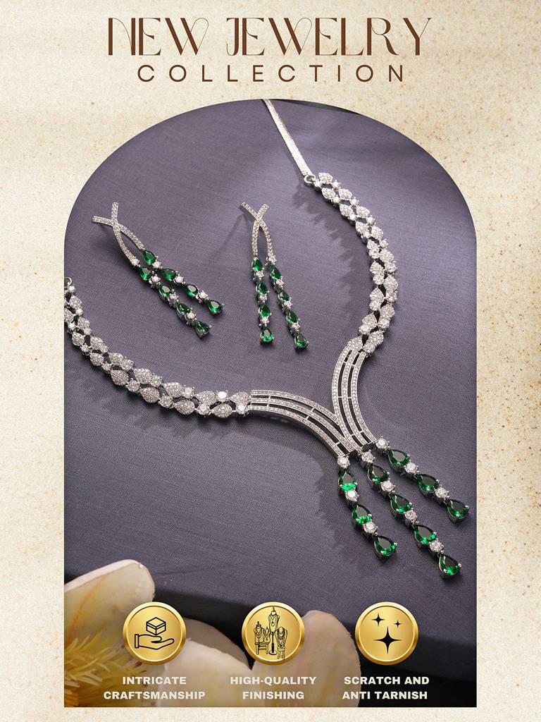 Silver Toned Emerald Green Zircon Ad Studded Layered  Bridal Drop Designer Statement Necklace Jewellery Set : SJNK2835