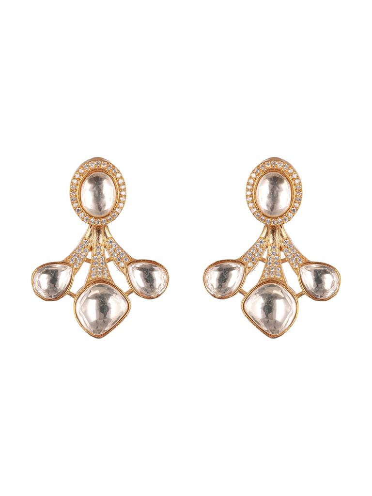 Gold Plated Uncut Polki Mossanite Minimal Floral  Studds Earrings : SJER2840