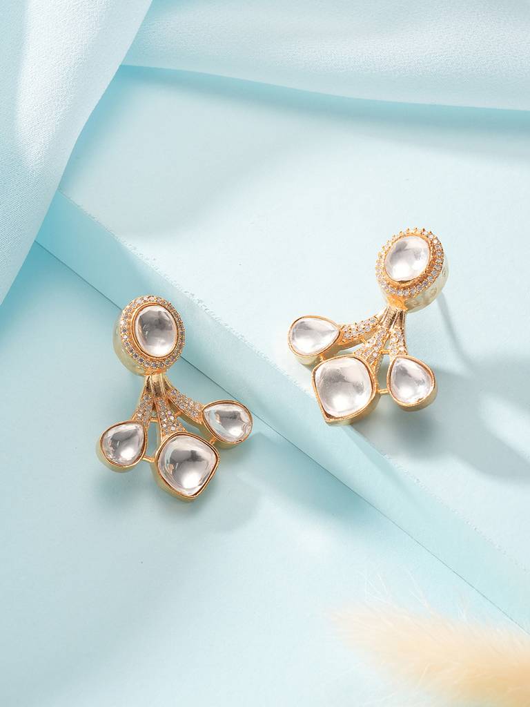 Eternz Certified Jewellery - Saraf RS Jewellery Gold Plated Uncut Polki Mossanite Minimal Floral Studds Earrings
