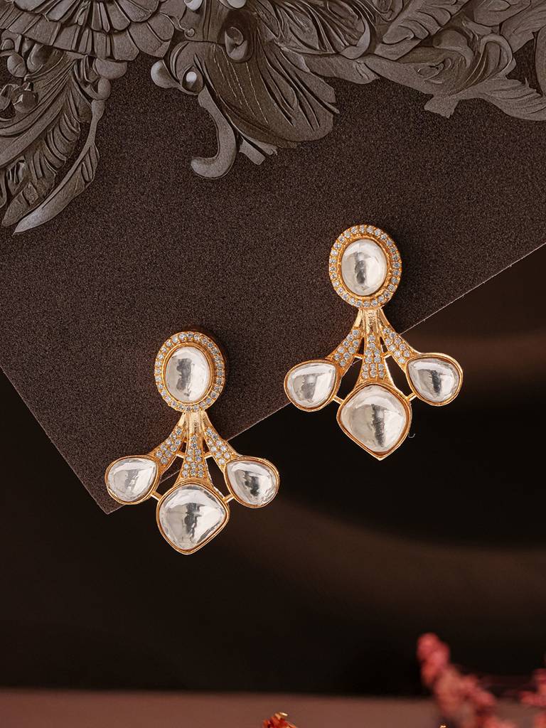 Gold Plated Uncut Polki Mossanite Minimal Floral  Studds Earrings : SJER2840
