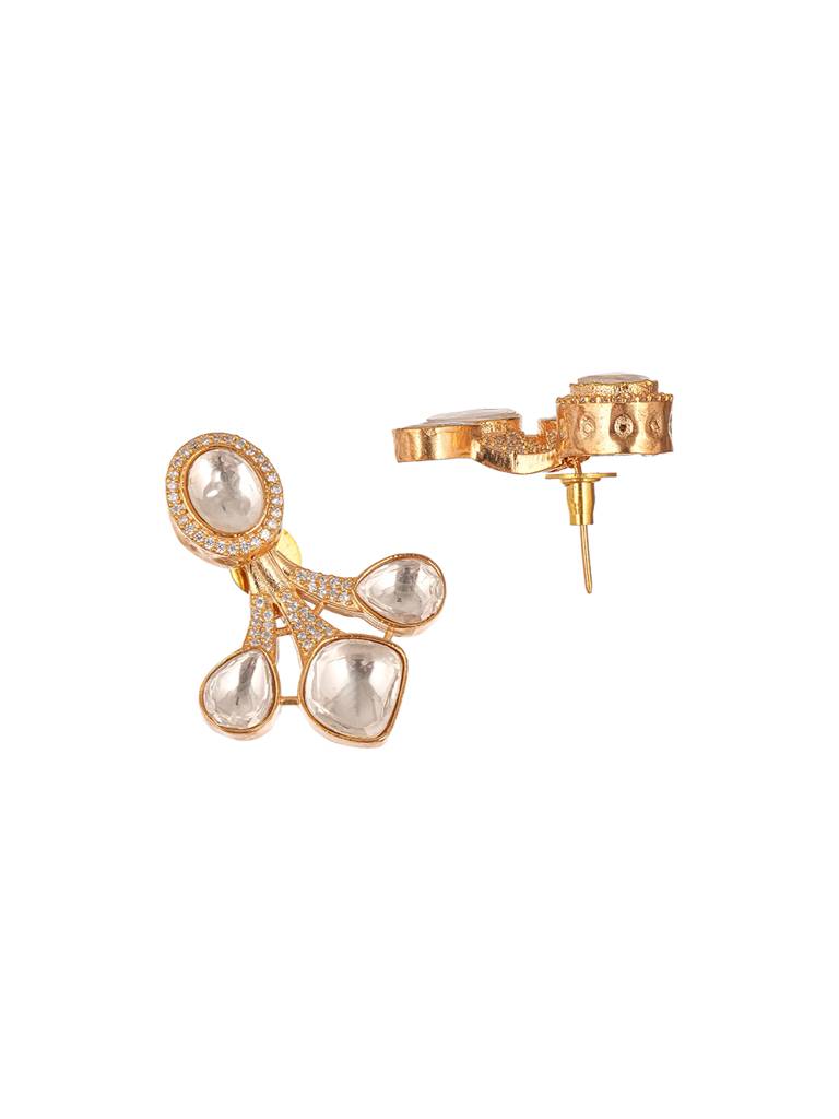 Gold Plated Uncut Polki Mossanite Minimal Floral  Studds Earrings : SJER2840