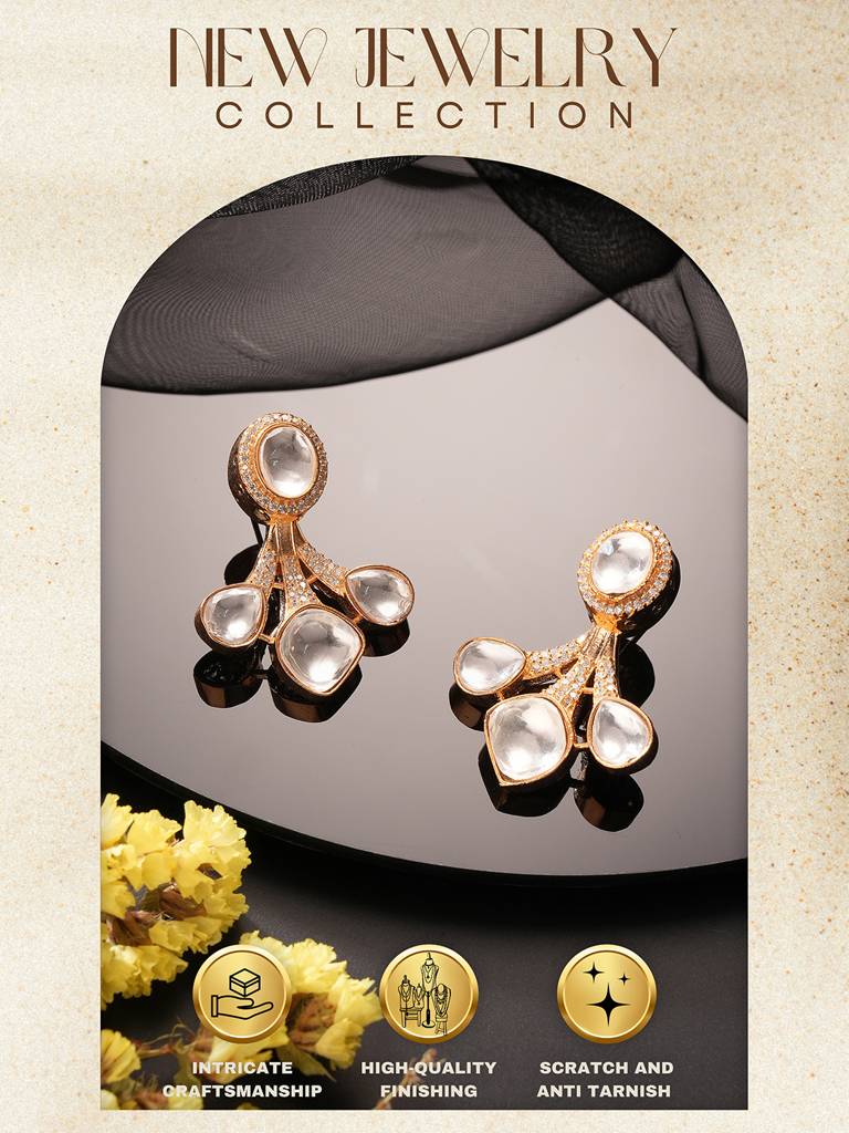 Gold Plated Uncut Polki Mossanite Minimal Floral  Studds Earrings : SJER2840