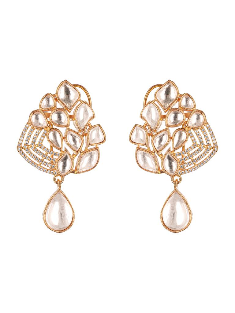 Gold Plated Uncut Polki Mosannite Kundan Studded Floral Drop Studds Earrings : SJER2841