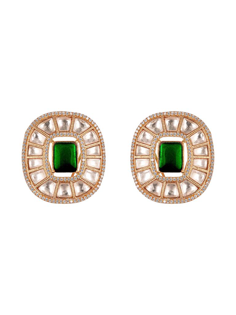 Gold Plated Green Emerald Uncut Polki Mossanite Designer Statement  Studds Earrings : SJER2843