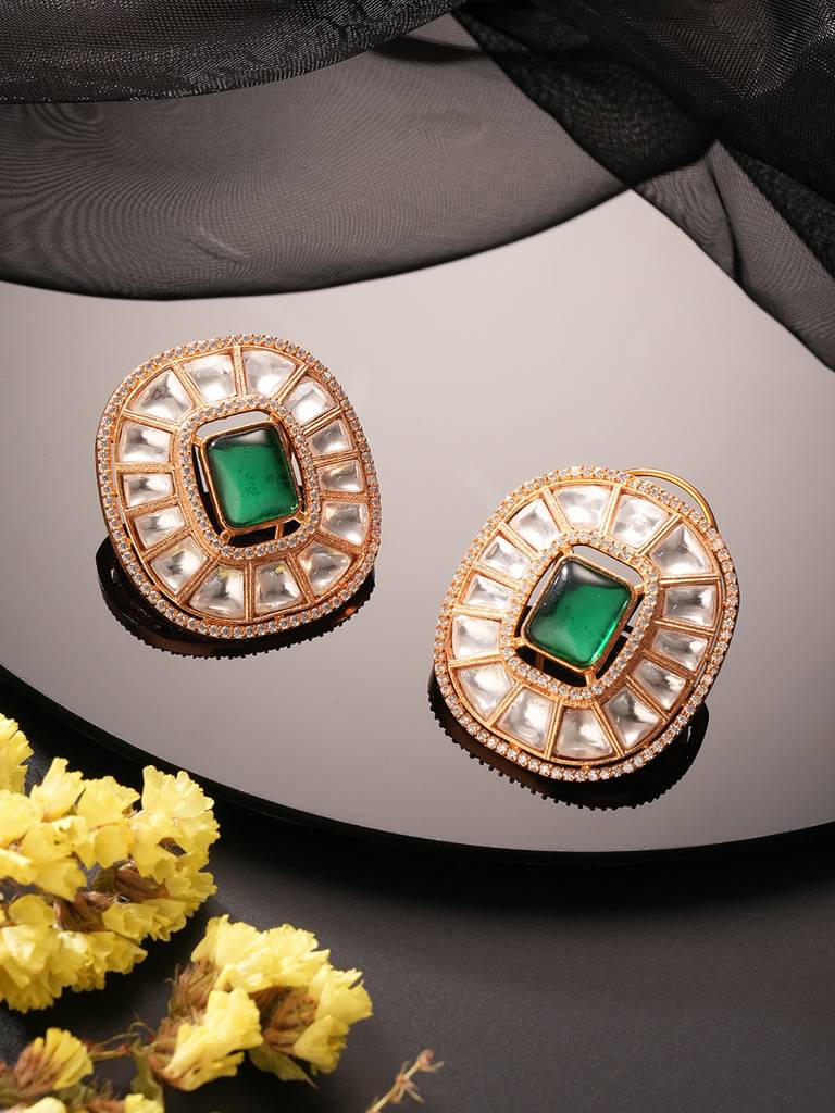 Eternz Certified Jewellery - Saraf RS Jewellery Gold Plated Green Emerald Uncut Polki Mossanite Designer Statement Studds Earrings