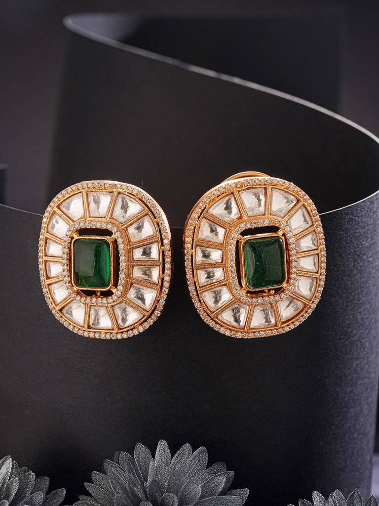 Gold Plated Green Emerald Uncut Polki Mossanite Designer Statement  Studds Earrings : SJER2843