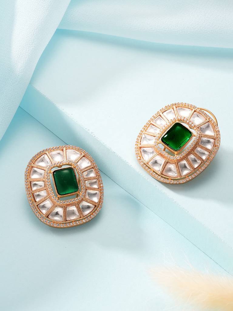 Gold Plated Green Emerald Uncut Polki Mossanite Designer Statement  Studds Earrings : SJER2843