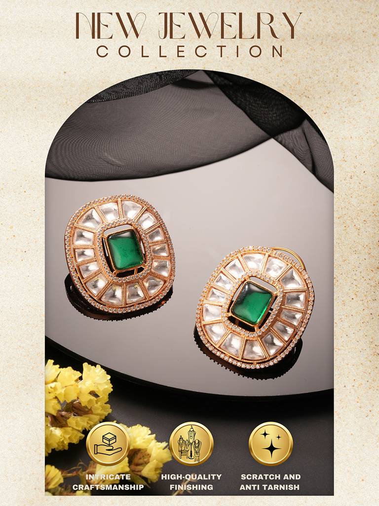 Gold Plated Green Emerald Uncut Polki Mossanite Designer Statement  Studds Earrings : SJER2843