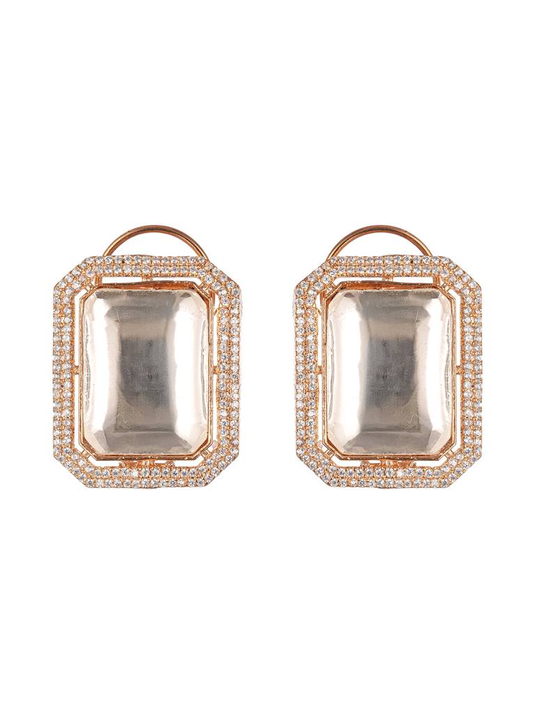 Gold Plated Uncut Polki Mossanite & Ad Studded Geometric Designer Studds Earrings : SJER2844