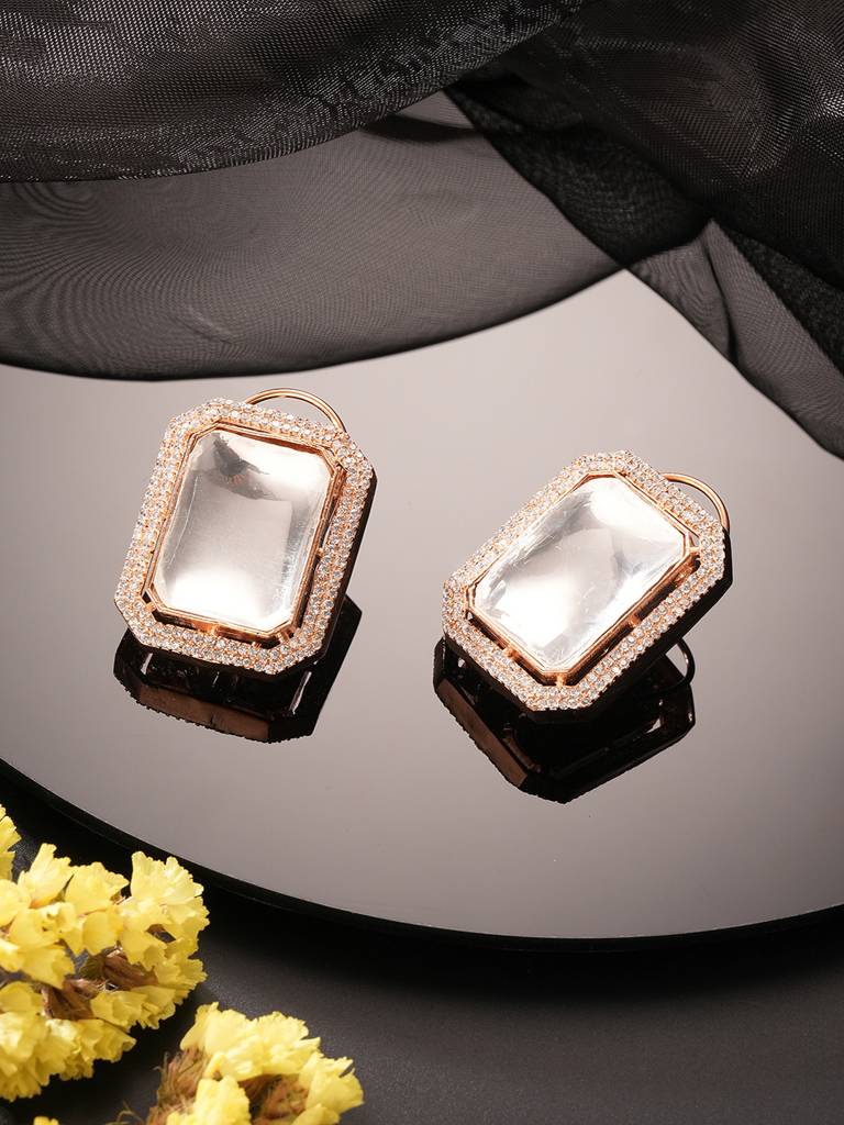 Gold Plated Uncut Polki Mossanite & Ad Studded Geometric Designer Studds Earrings : SJER2844