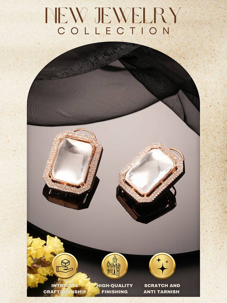 Gold Plated Uncut Polki Mossanite & Ad Studded Geometric Designer Studds Earrings : SJER2844