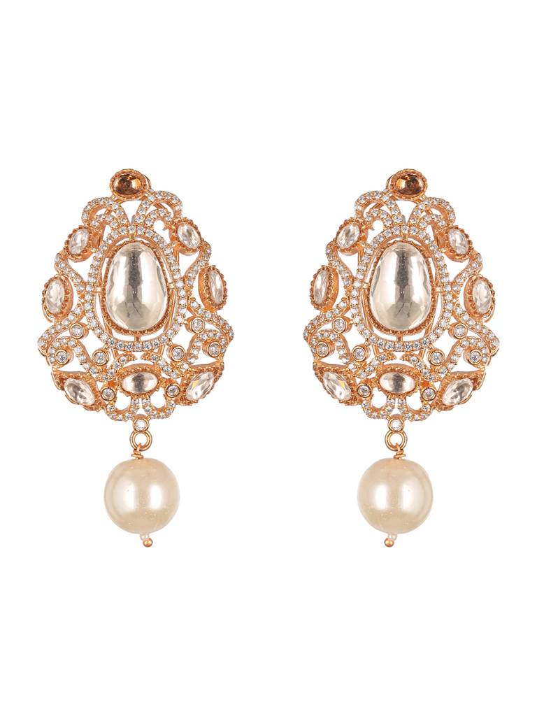 Gold Plated Uncut Mossanite Polki Statement Floral Drop Studds Earrings : SJER2846