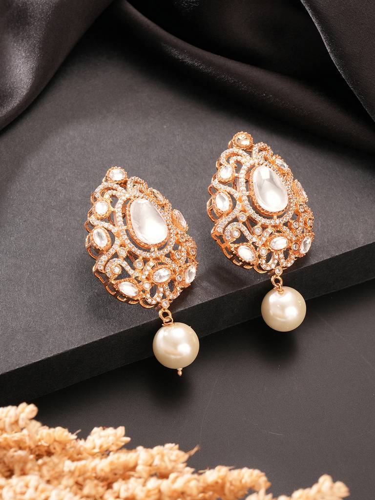 Eternz Certified Jewellery - Saraf RS Jewellery Gold Plated Uncut Mossanite Polki Statement Floral Drop Studds Earrings