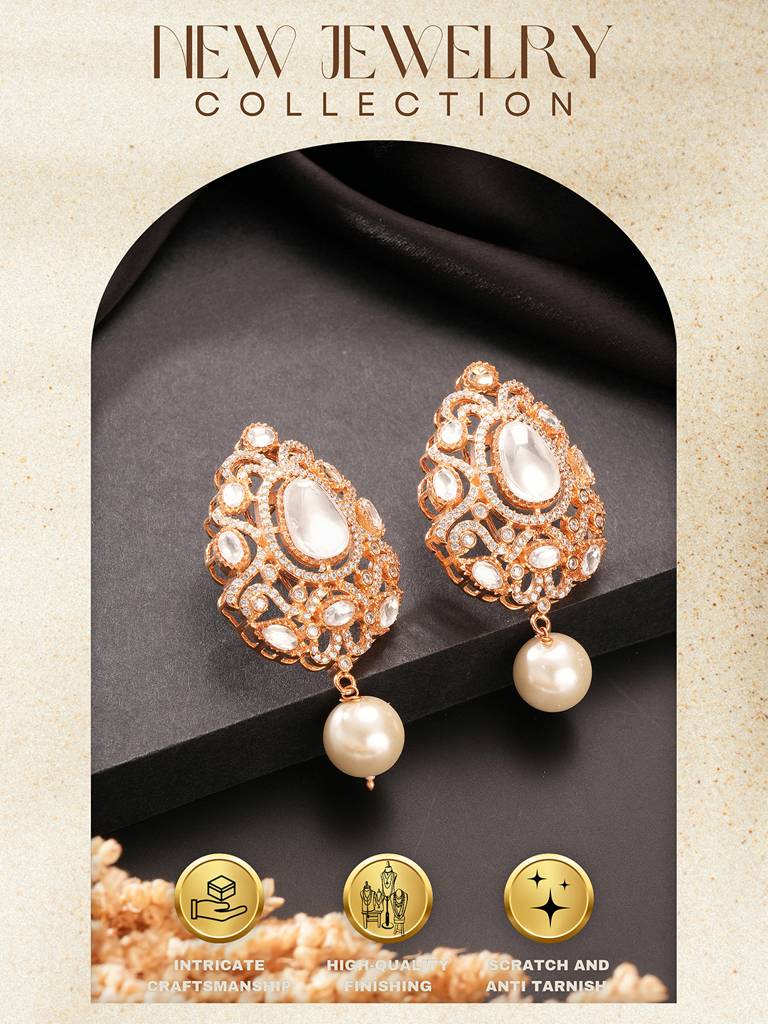 Gold Plated Uncut Mossanite Polki Statement Floral Drop Studds Earrings : SJER2846