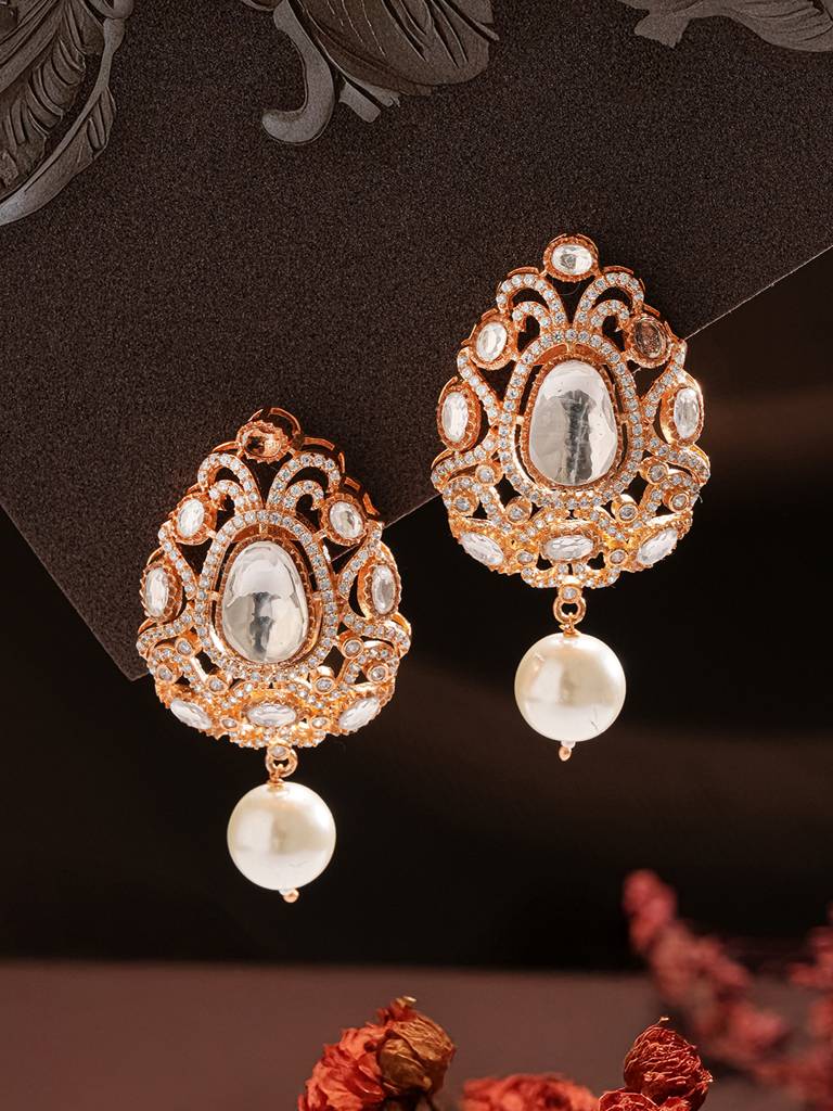 Gold Plated Uncut Mossanite Polki Statement Floral Drop Studds Earrings : SJER2846