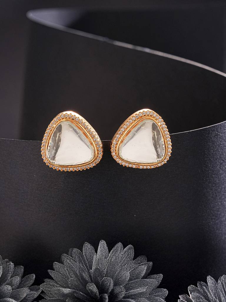 Gold Plated Uncut Mossanite Polki Statement Big Triangle  Studds Earrings : SJER2847